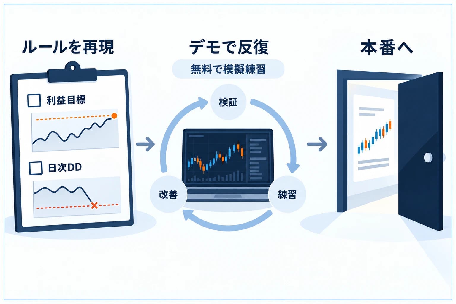 プロップファームのチャレンジを本番前に無料で模擬練習できることを示す3ステップの図解:①利益目標・日次ドローダウンなどルールを再現→②デモで何度でも反復→③本番に挑戦して合格率を高める、という流れ