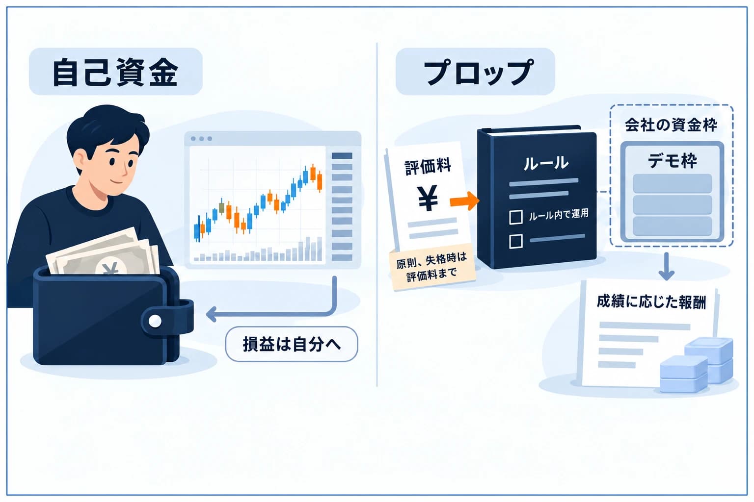 自己資金トレーダーとプロップトレーダーの違いの図解:自己資金は自分のお金で取引し損失は青天井・資金量が上限、プロップは会社の大きな資金枠で取引し損失は評価料まで・ルールの中で運用して成績に応じた報酬、という対比