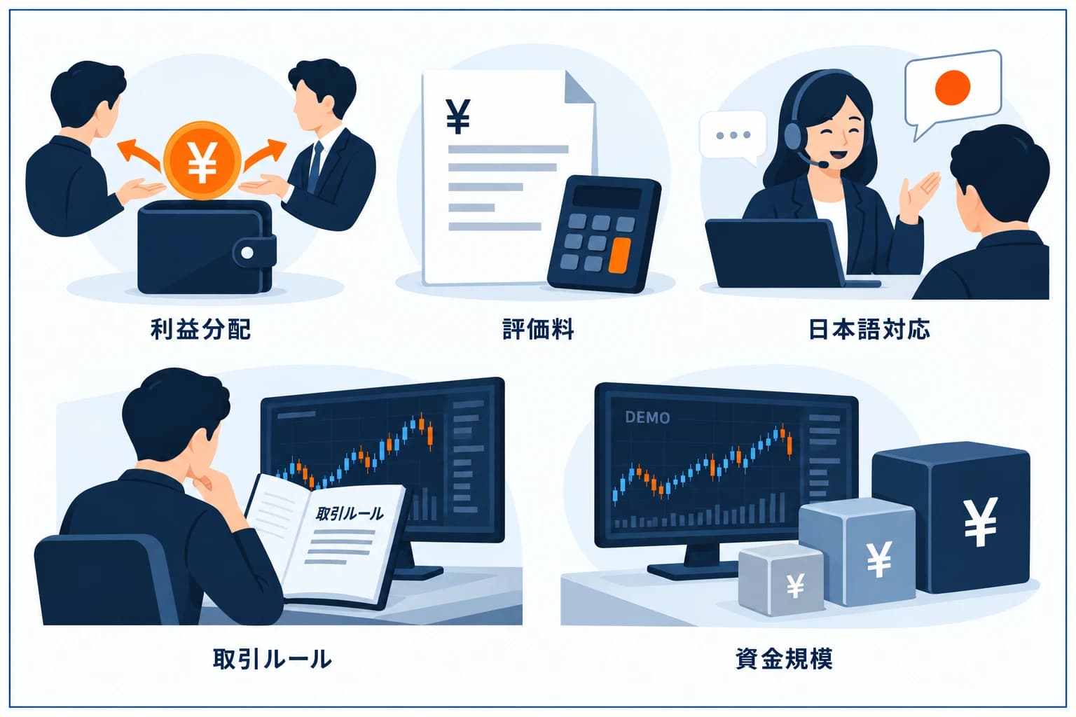 プロップファームのランキング・選び方の5観点の図解:利益分配・コスト(評価料)・日本語/安心・取引条件(ルール)・資金規模で比較。自分の優先軸で選ぶ=総合バランスで見る