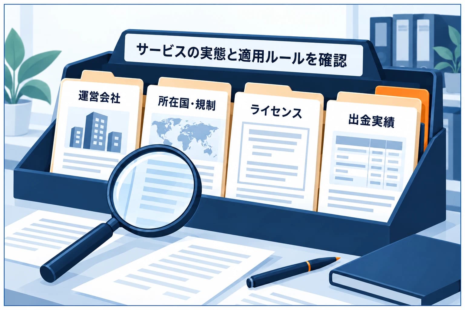 プロップファームの信頼性チェックの図解:運営会社・所在国/規制・ライセンス・出金実績の4点を盾とチェックで確認