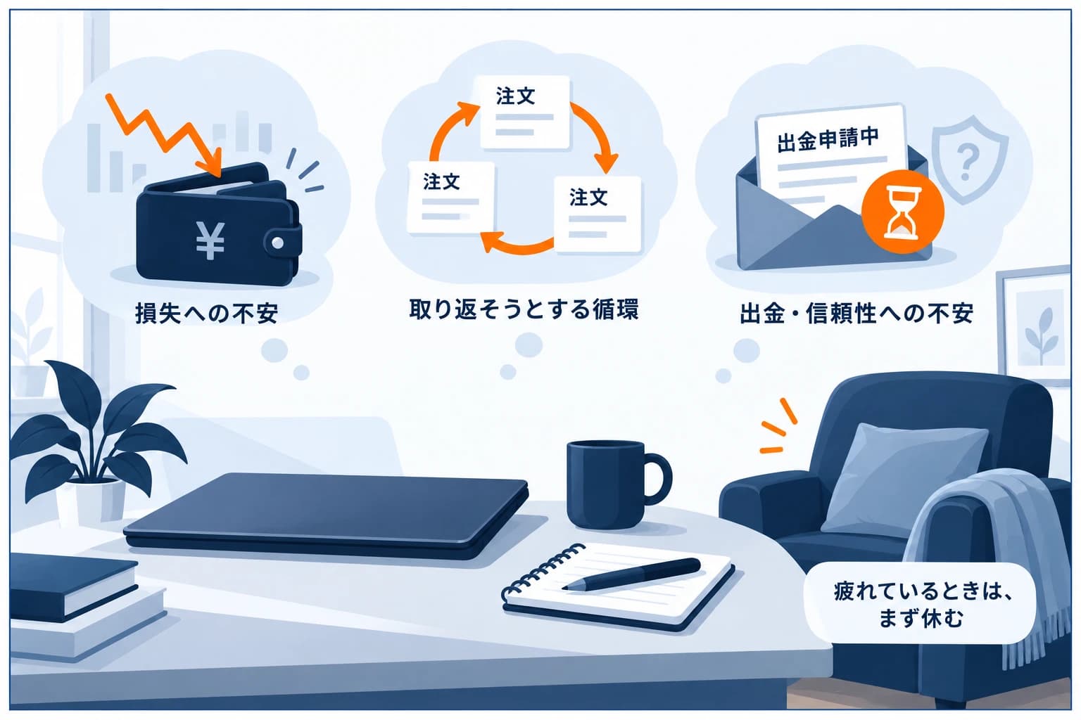 海外FXで疲れてしまう3つの理由の図解:①損失が青天井で気が休まらない ②負けを取り返す無限ループ ③出金と業者の信頼性への不安。プロップファームは損失の上限が見えて楽になる、という補足も示した解説インフォグラフィック
