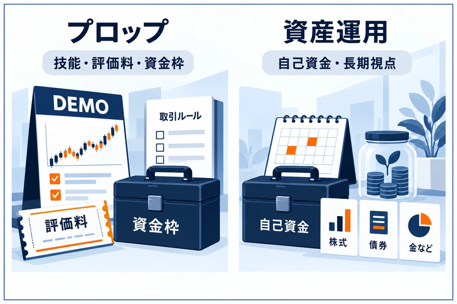 プロップファームと一般的な投資の比較図解:プロップはスキルで報酬、投資は自己資金を長期で育てる