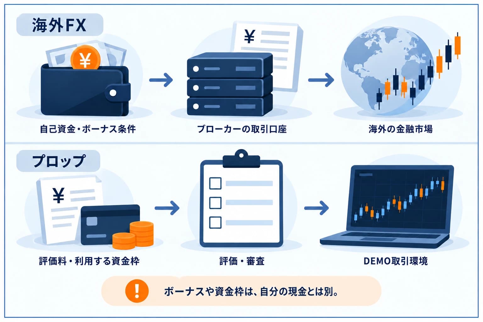 プロップファームと海外FXの比較図解:プロップは評価合格で資金提供、海外FXは自己資金をハイレバで運用